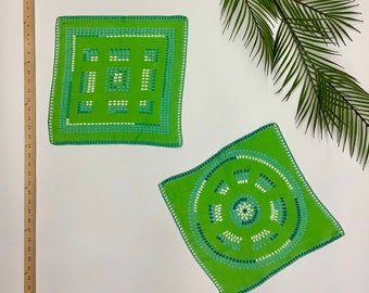 Vintage Retro 1960s lime green, turquoise blue, and white matching abstract linen Hankie Handkerchief Hanky Great textile gift