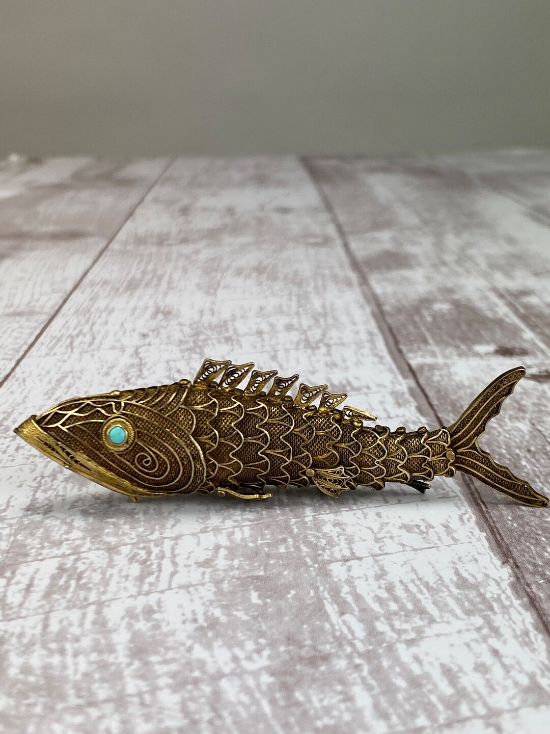 Vintage LARGE Gold Washed Silver Articulated Fish Pendant With