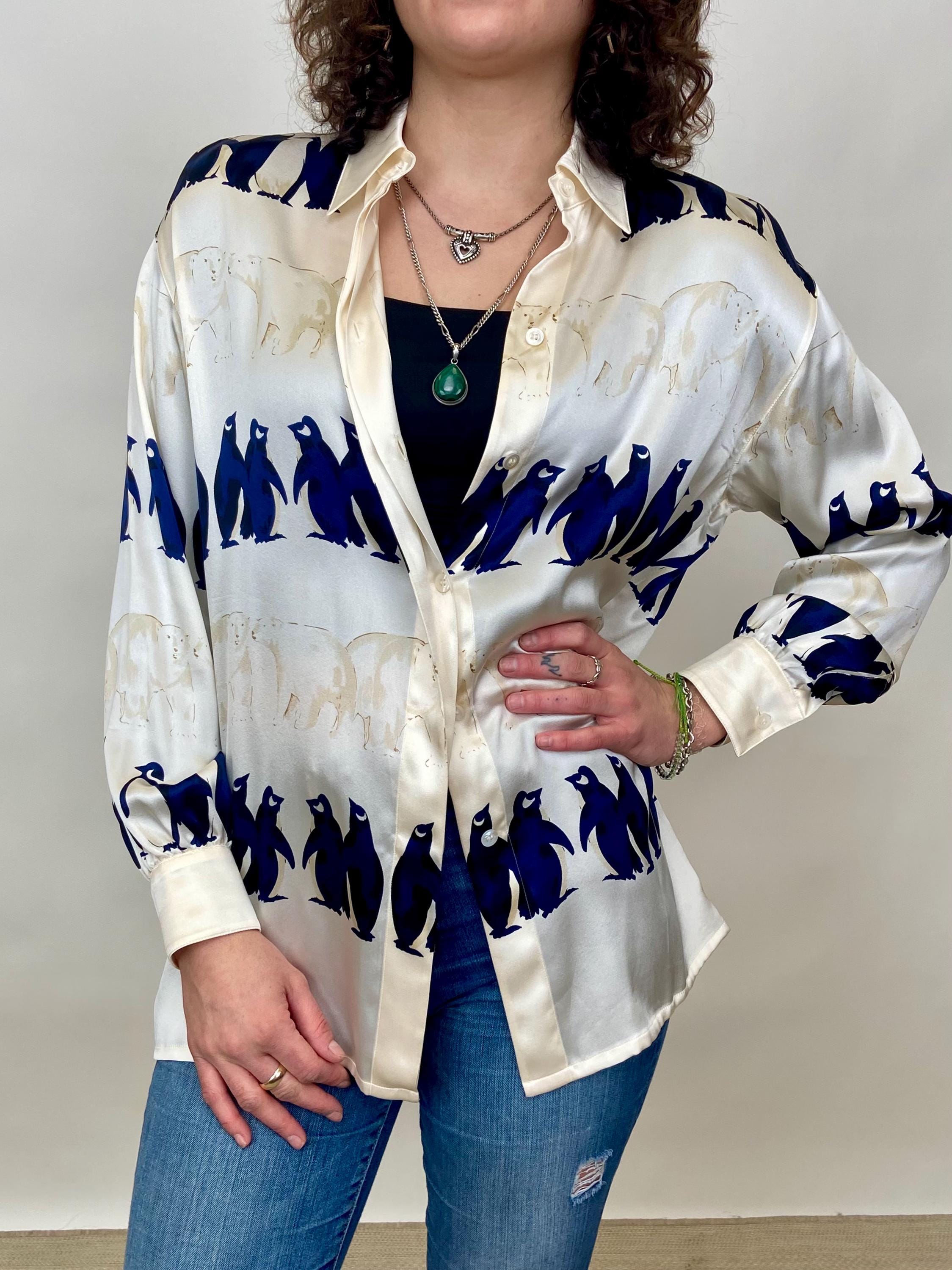 Vintage Escada Silk Penguins and Polar Bears Button up Blouse by
