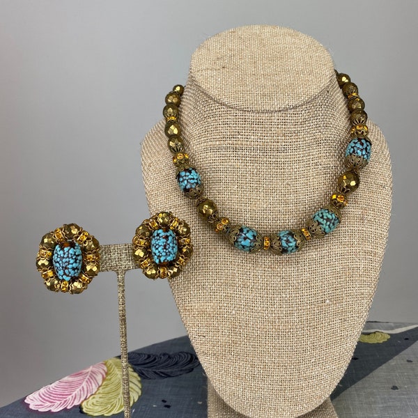 Vintage Hobe 1960s copper and turquoise glass bead necklace and clip earring matching set with chunky beads, designer signed