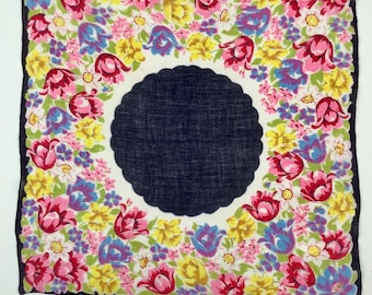 Vintage 1950s Floral Spring Print Nowość Różowy Żółty Fioletowy Chusteczka Chusteczka Prezent na Dzień Matki dla Niej