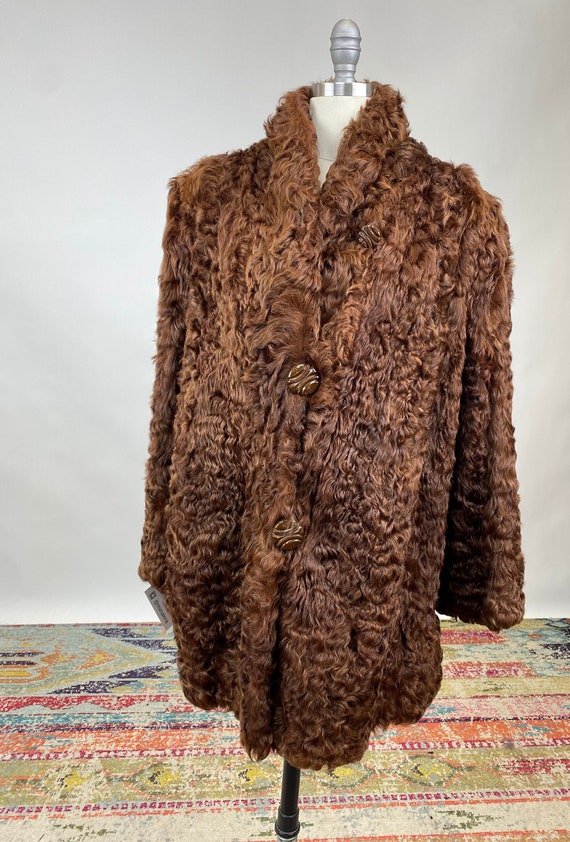 Vintage 1940s Brown Curly Lamb Coat with Carved Bakelite Buttons