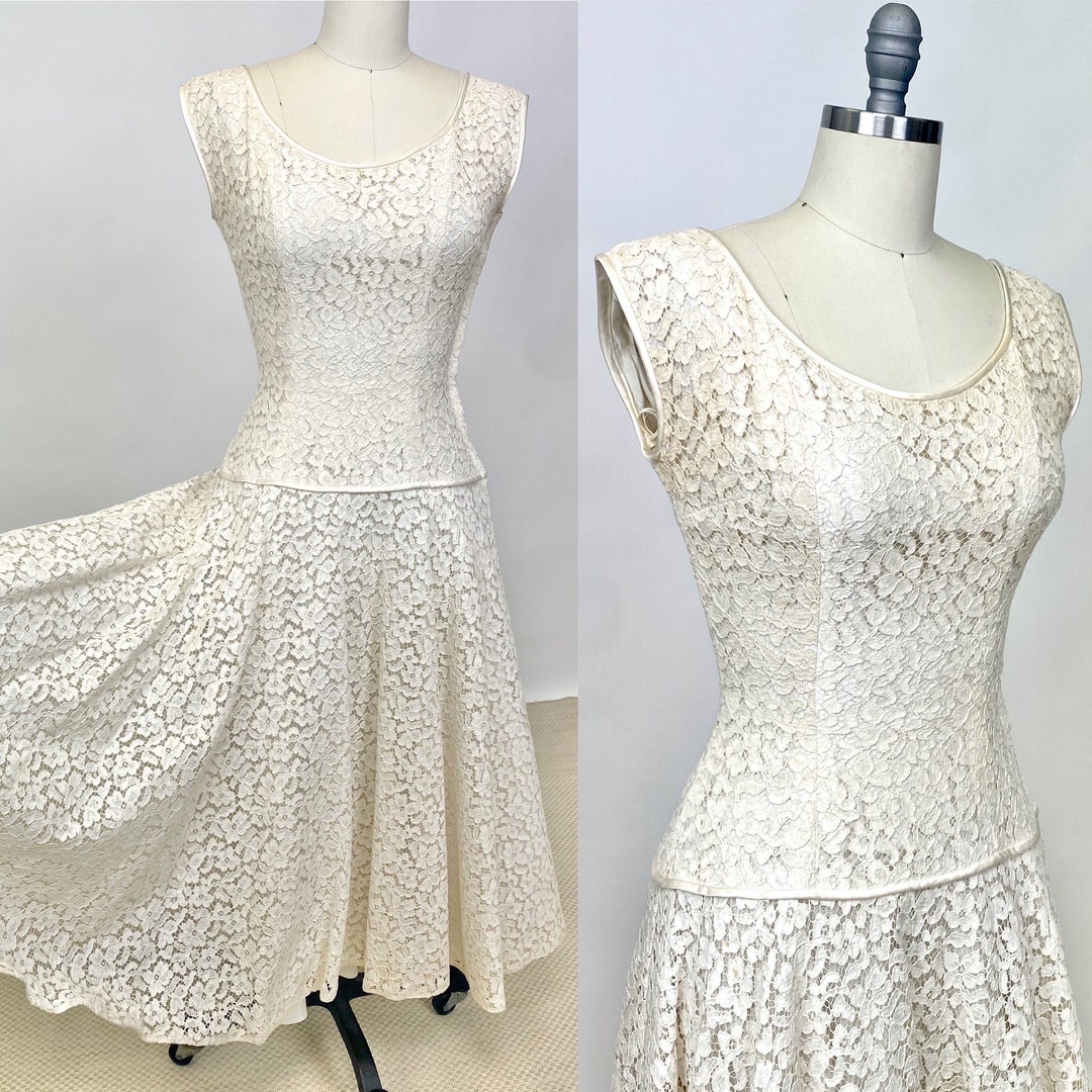 Vintage 1950s White Evening Dress Fit and Flare Floral Lace Prom Dress ...