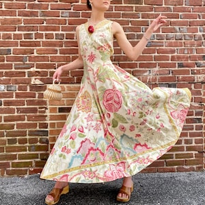 Antique Vintage 1930s Bias Cut Block Printed Floral Full Length Cotton Dress with Rossette Waist Ties