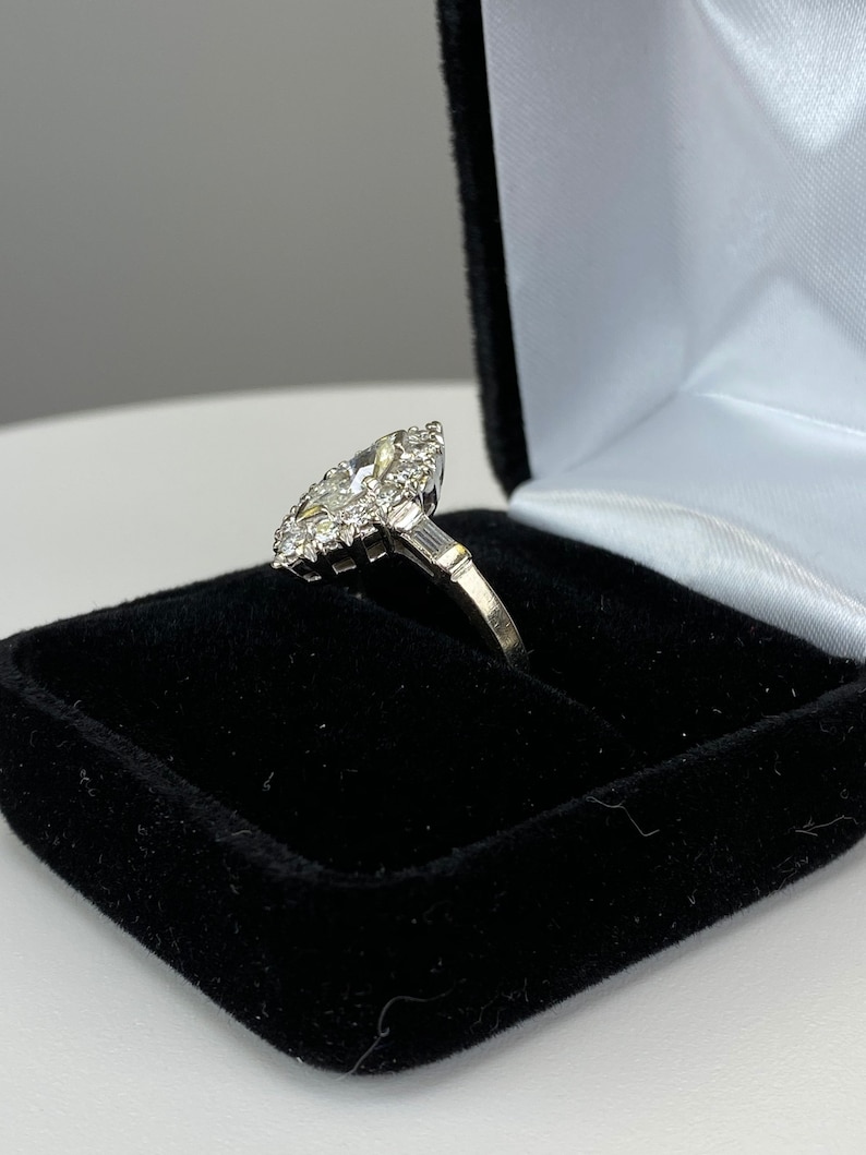 Estate Vintage Marquise brilliant cut diamond ring with round halo, baguette shoulders 14k white gold with appraisal, a engagement wedding image 7