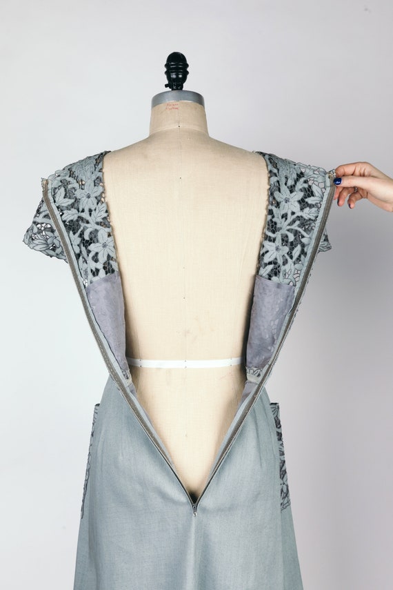 Vintage 1960s Mad Men Style gray blue linen cockt… - image 8