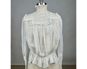 Antique Edwardian White Cotton Embroidered Lace Blouse High neck Ruffles wounded bird AS IS