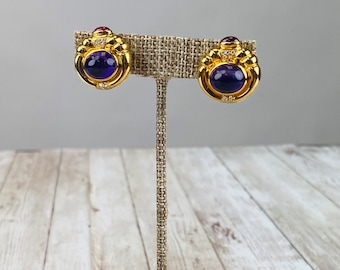 Vintage 1980s 18k Yellow Gold Amethyst & Ruby Diamond Cabochon Lever back Clip-on Button Earrings Gift for her