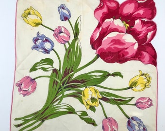 ヴィンテージ 1960 年代 咲き誇るチューリップの花束 花柄 春 プリント ノベルティ ハンカチ ピンク イエロー ブルー ハンカチ ハンカチ 母の日 ギフト
