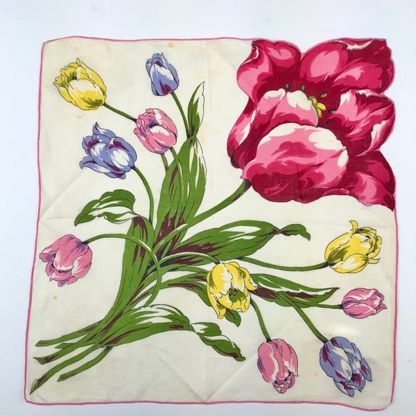 Vintage 1960s Blooming Tulip Bouquet Floral Spring Print Novelty hankie Pink Yellow Blue Handkerchief Hanky Mothers Day Gift