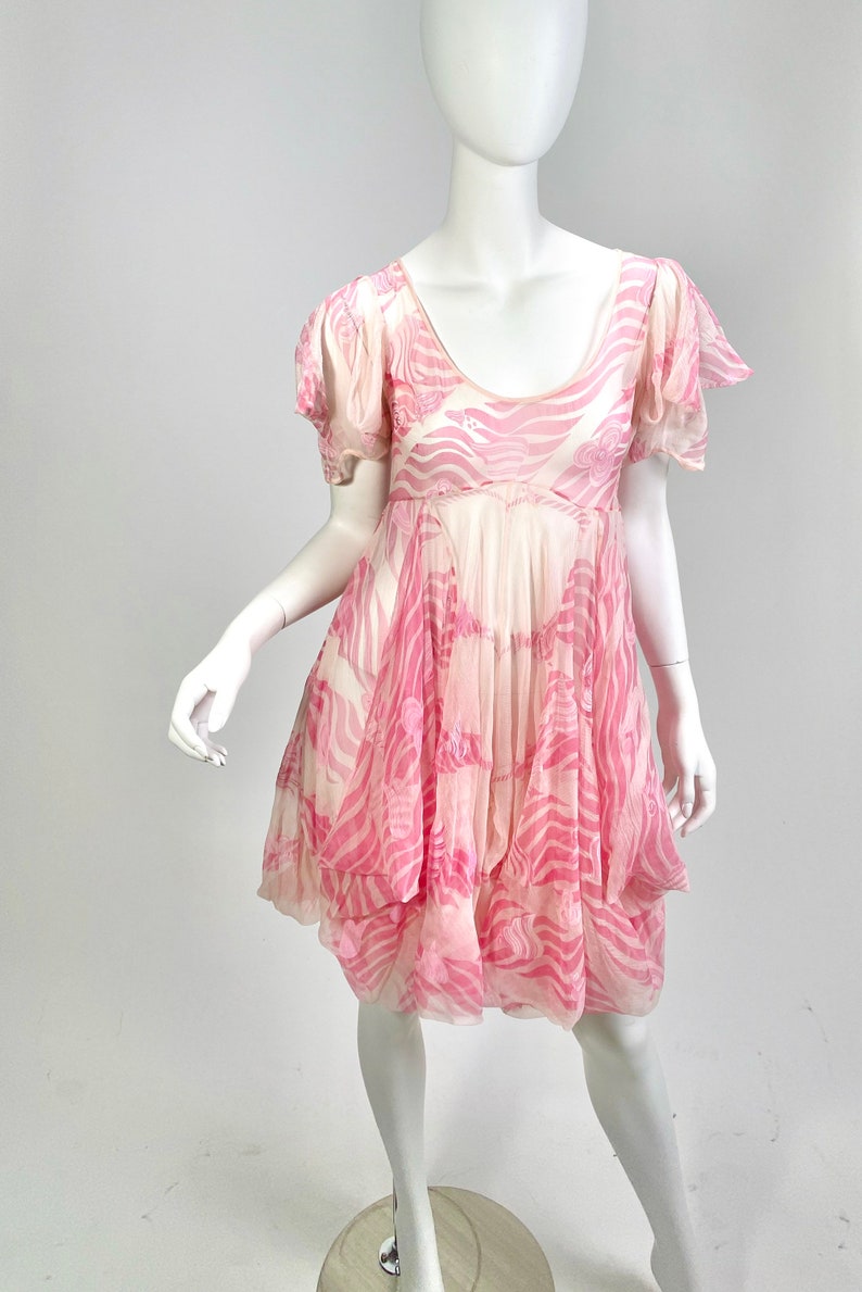 Vintage Designer Zandra Rhodes London silk painted flowing bubble hem mini dress with empire waist image 2