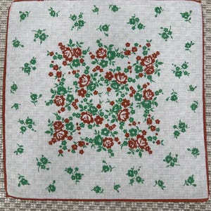 Vintage 1940s Cotton Square Handkerchief Floral Green Brown Flowers Machine Stitched Hem