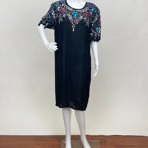 Vintage 1980s Does 1920s Sequins and Beaded Silk Dress Floral Beadwork Black Drop Waist NYE New Years Eve Party