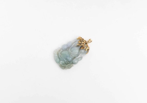 Large pale green floral carved jade pendant with … - image 1