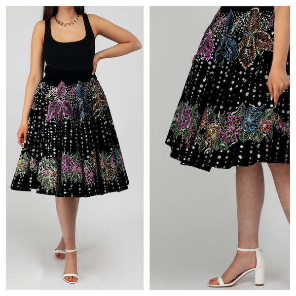 Beautiful Vintage 1950s Mexican Black Velvet hand-painted fit and flare circle skirt with flower designs and sequins