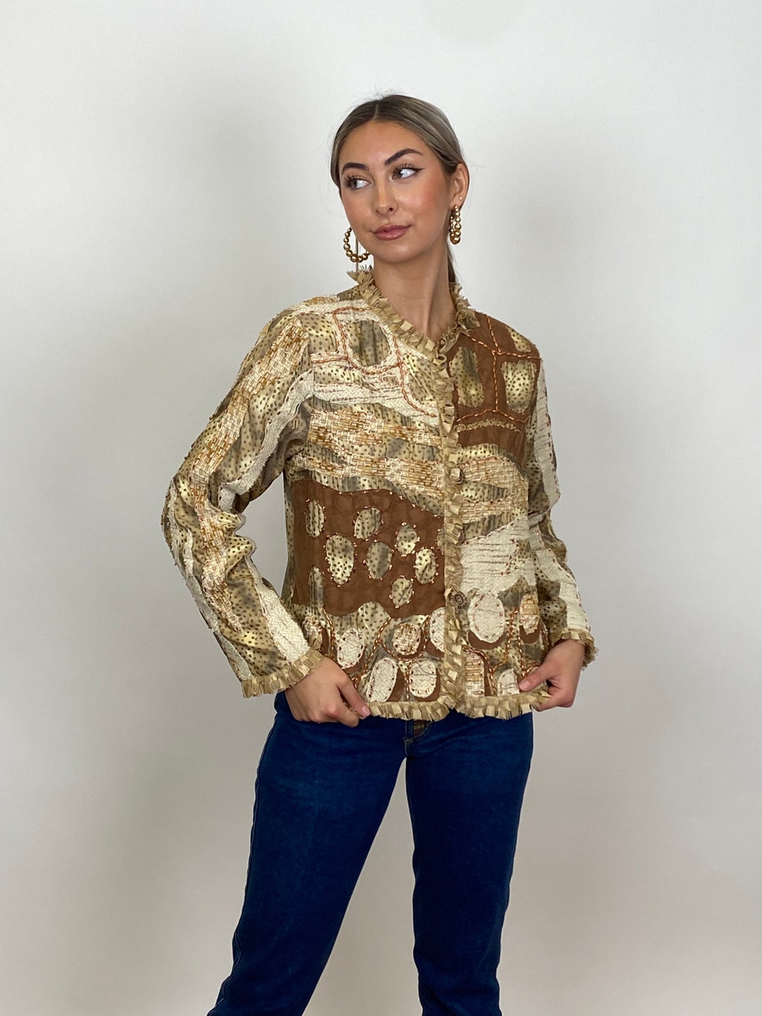 [Archive]90s Gold Lamé Grunge Cardigan Vintage 1990s Sandy Starkman Designer Cardigan With