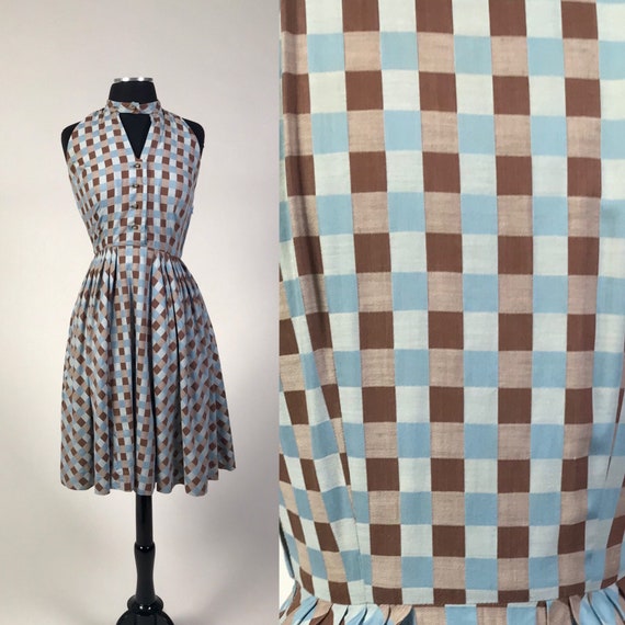 Vintage 1940s Cotton Blue and Brown Checker plaid… - image 1