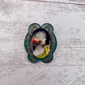 Antique 1900s Silver Portrait Brooch Hand Painted Porcelain Guilloche Enamel Details Marcasite and Green Stone
