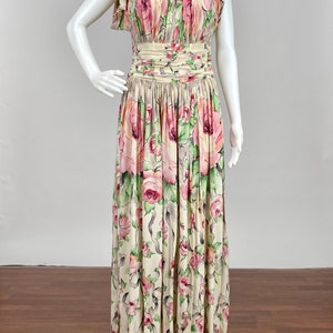 RARE Vintage 1930s 1940s Silk Rayon Floral Print Pleated Full Length Dress Gown Sleeveless Pastel Pink Green and Beige Garden Party