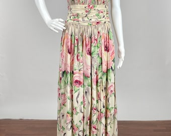 RARE Vintage 1930s 1940s Silk Rayon Floral Print Pleated Full Length Dress Gown Sleeveless Pastel Pink Green and Beige Garden Party