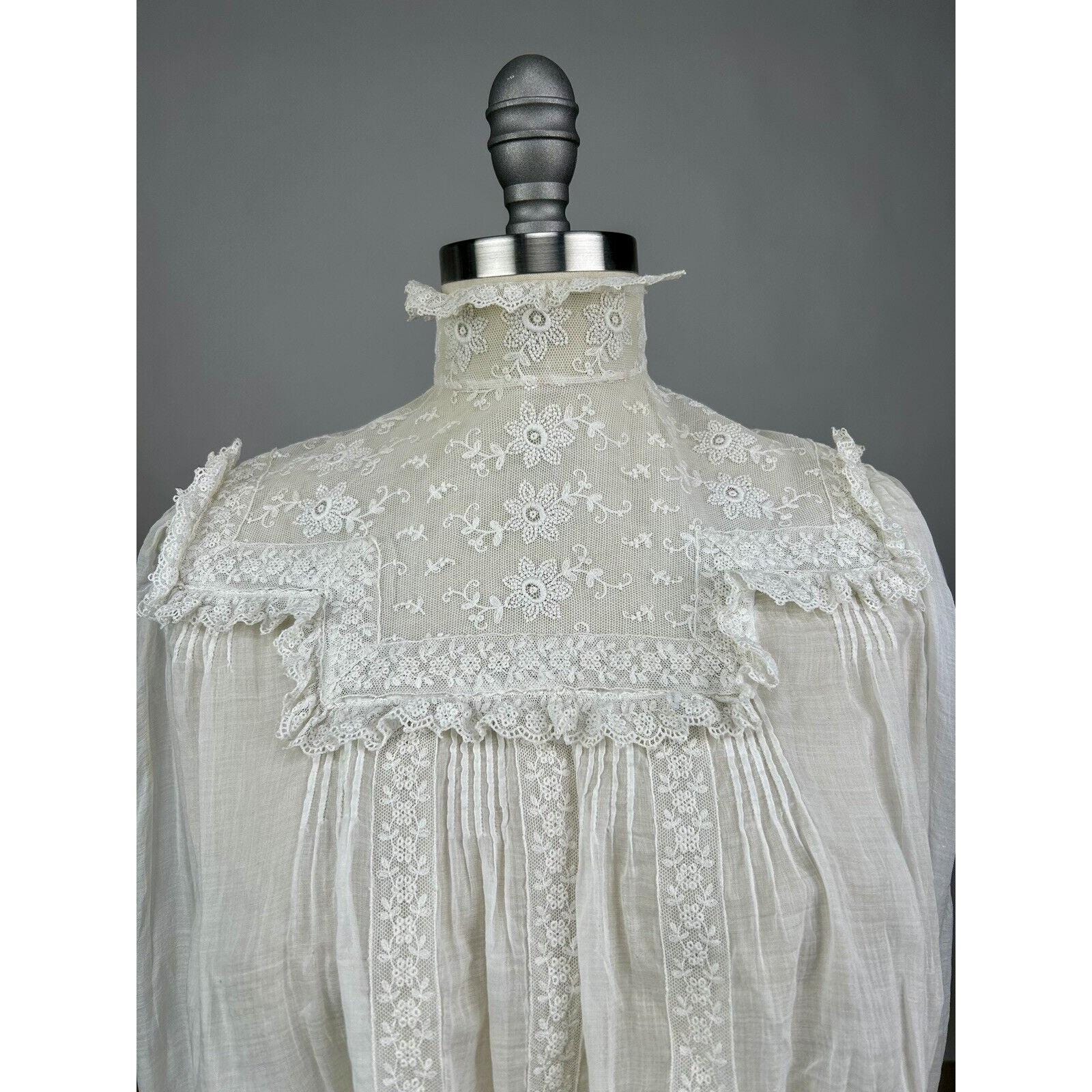 Antique Edwardian White Cotton Embroidered Lace Blouse High Neck ...