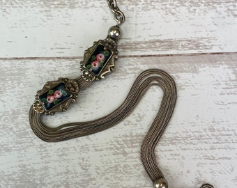 Victorian Era Sterling Silver Albertina Enameled Slider Choker Necklace with Floral Motif & Braid Effect