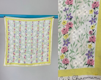 Vintage 1950s Ceil Chapman Floral Print Novelty Hanky Handkerchief Hankie Pink Purple Yellow Green