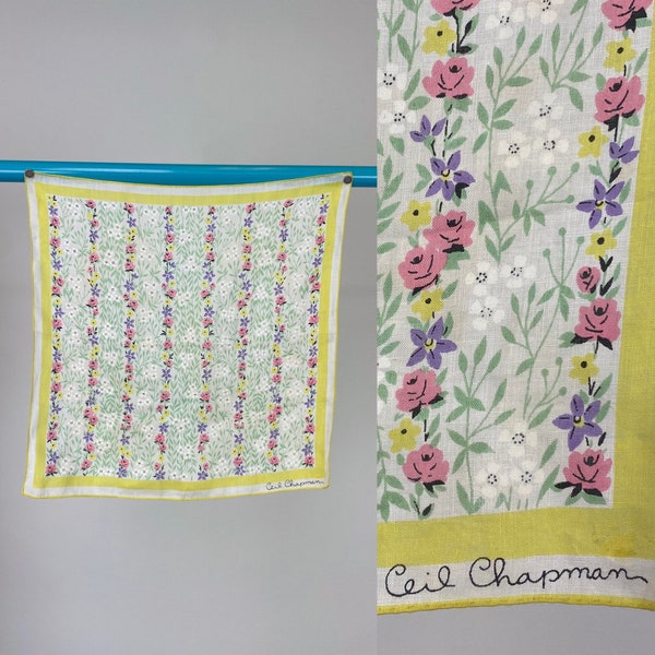Vintage 1950s Ceil Chapman Floral Print Novelty Hanky Handkerchief Hankie Pink Purple Yellow Green