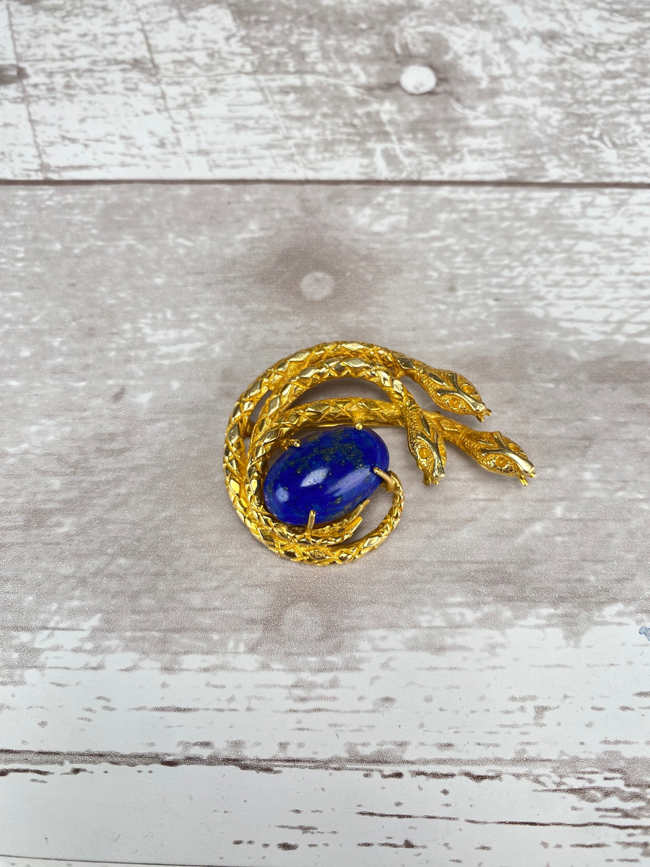 Retro 14k Yellow Gold Lapis Lazuli Triple Snake Brooch 585 Vintage