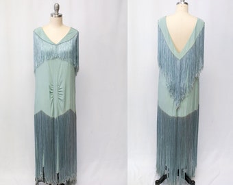 Antique 1920's Light Robins Egg Blue Silk Drop Waist Flapper Dress Tiered Fringe