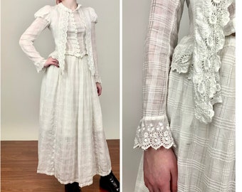 Antique Vintage Victorian White Lace Skirt and Long Sleeve Shirt Set with Floral, Eyelet, Geometric details & Pearl Buttons, Scalloped cuffs