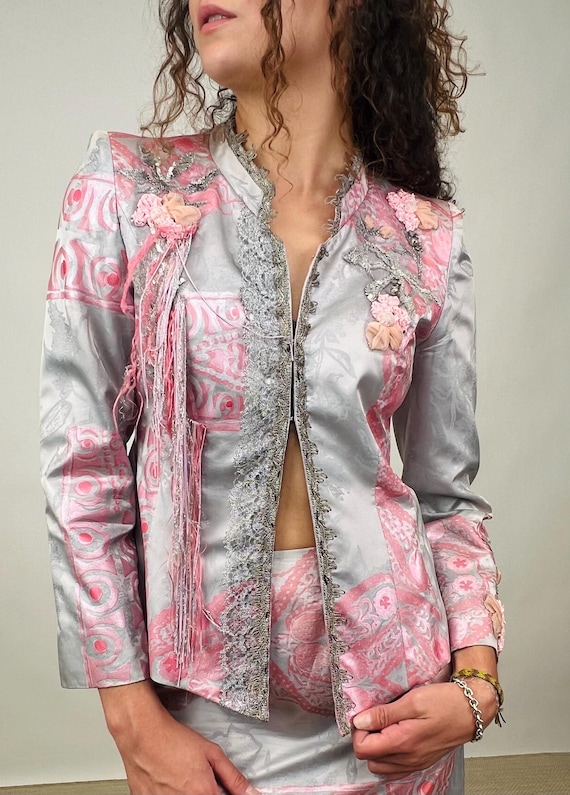 Vintage Christian Lacroix 1980s Grey and Pink Brocade Jacket and