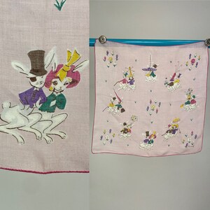 Vintage 1950s Pink Burmel Cotton Hankie with Rabbits Handkerchief Novelty Print Hanky Flowers Spring Theme