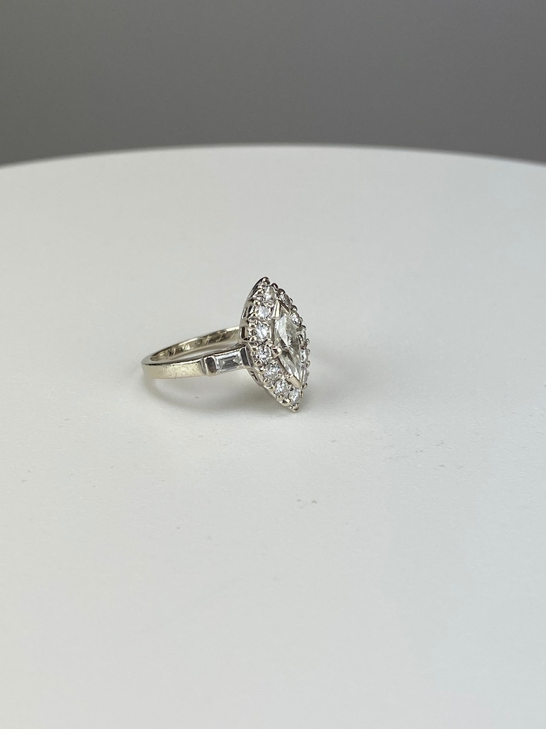 Estate Vintage Marquise brilliant cut diamond ring with round halo, baguette shoulders 14k white gold with appraisal, a engagement wedding image 3