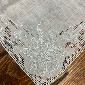 Vintage White Embroidered Wedding Something Old whitework hankie Handkerchief novelty hanky with Cut outs and flowers