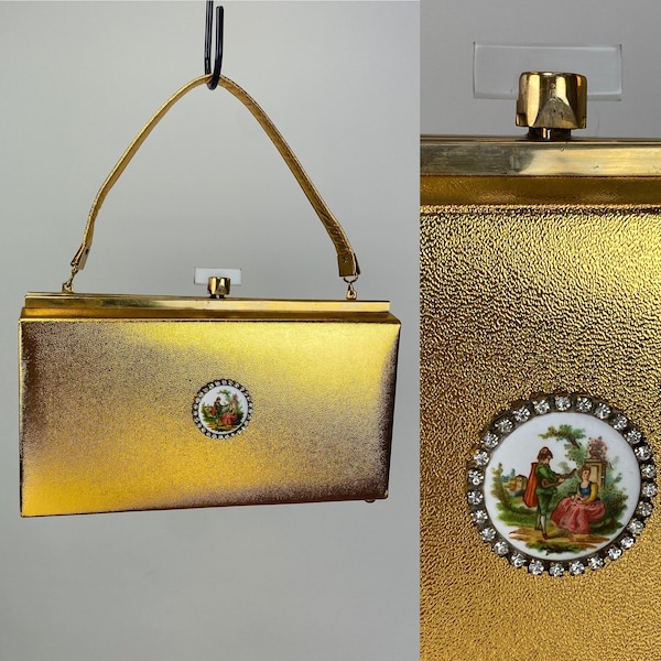 Vintage 1960s Tyrolean Gold with Painted Portrait Motif Novelty Designer Purse with Lucite Clasp