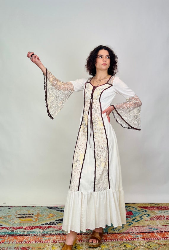 Vintage 1970s White and Brown Full Length Dress B… - image 2