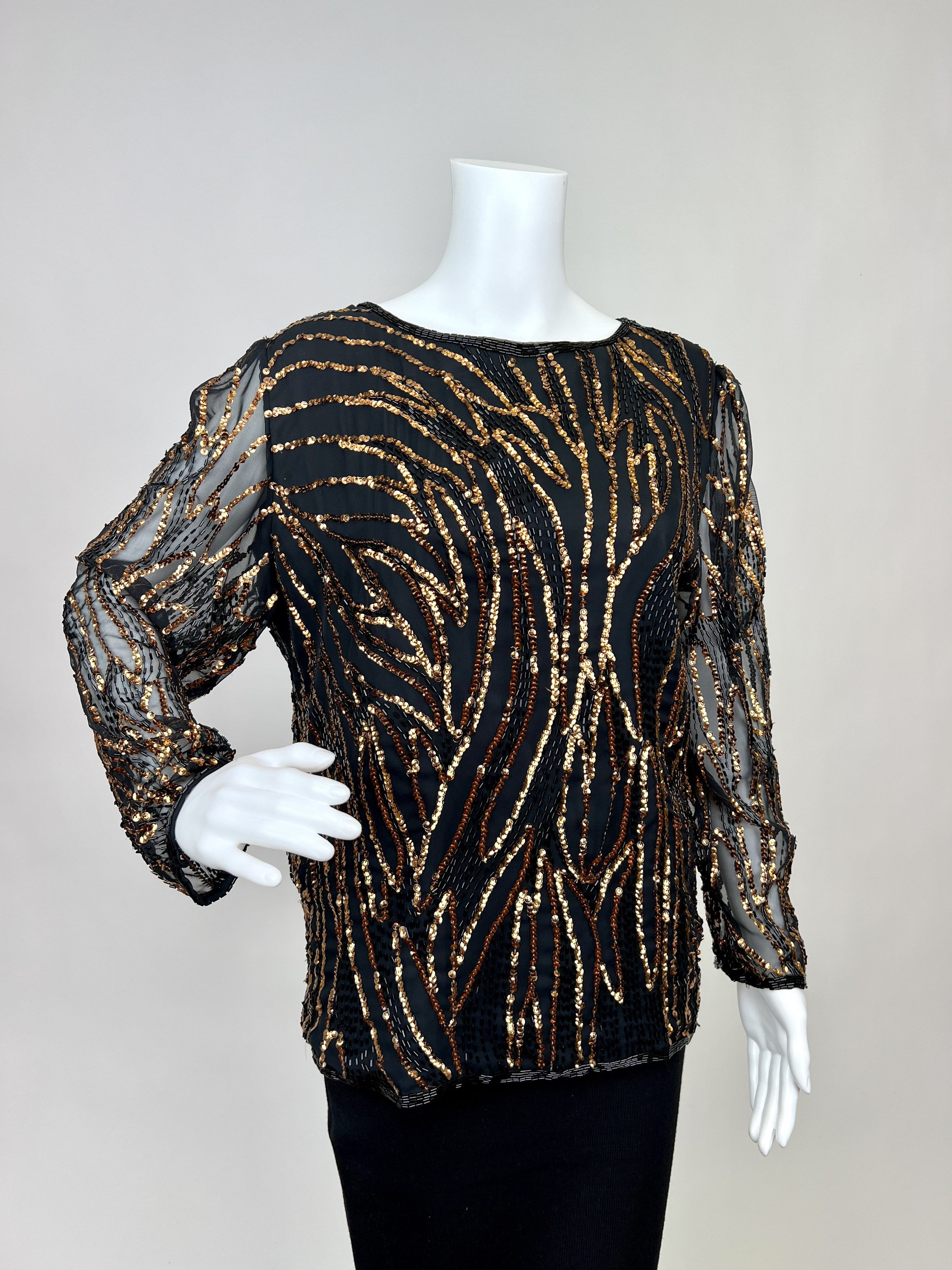 Vintage dos anos 1980 e 1920 com miçangas e lantejoulas de manga comprida ou blusa Silverleaf preto e bronze Art Déco NYE festa de ano novo