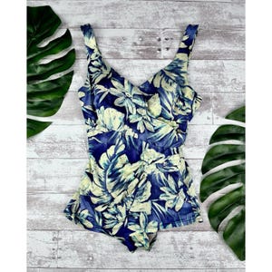 1970er Jahre Maxine of Hollywood Vintage Badeanzug in Blau und Weiß mit Blumenmuster