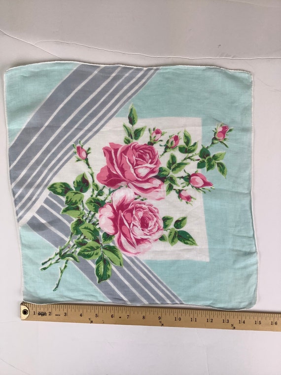Classic 1950s Floral Pink Rose Square Hanky or Ha… - image 1