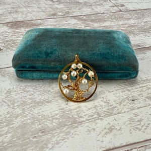 Retro 14k Yellow Gold Tree of Life Pendant with Cultured Pearls 585 Mother&#39;s Day Gift