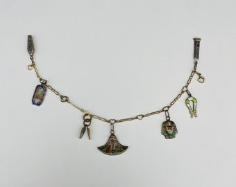 Art Deco 1920s Egyptian Revival 14k yellow gold, sterling, and enamel charm bracelet with Mummy, Cartouche, more!