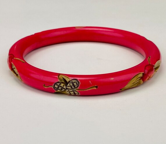 Vintage 1940s Pink Bangle with Carved and Hand Pa… - image 2