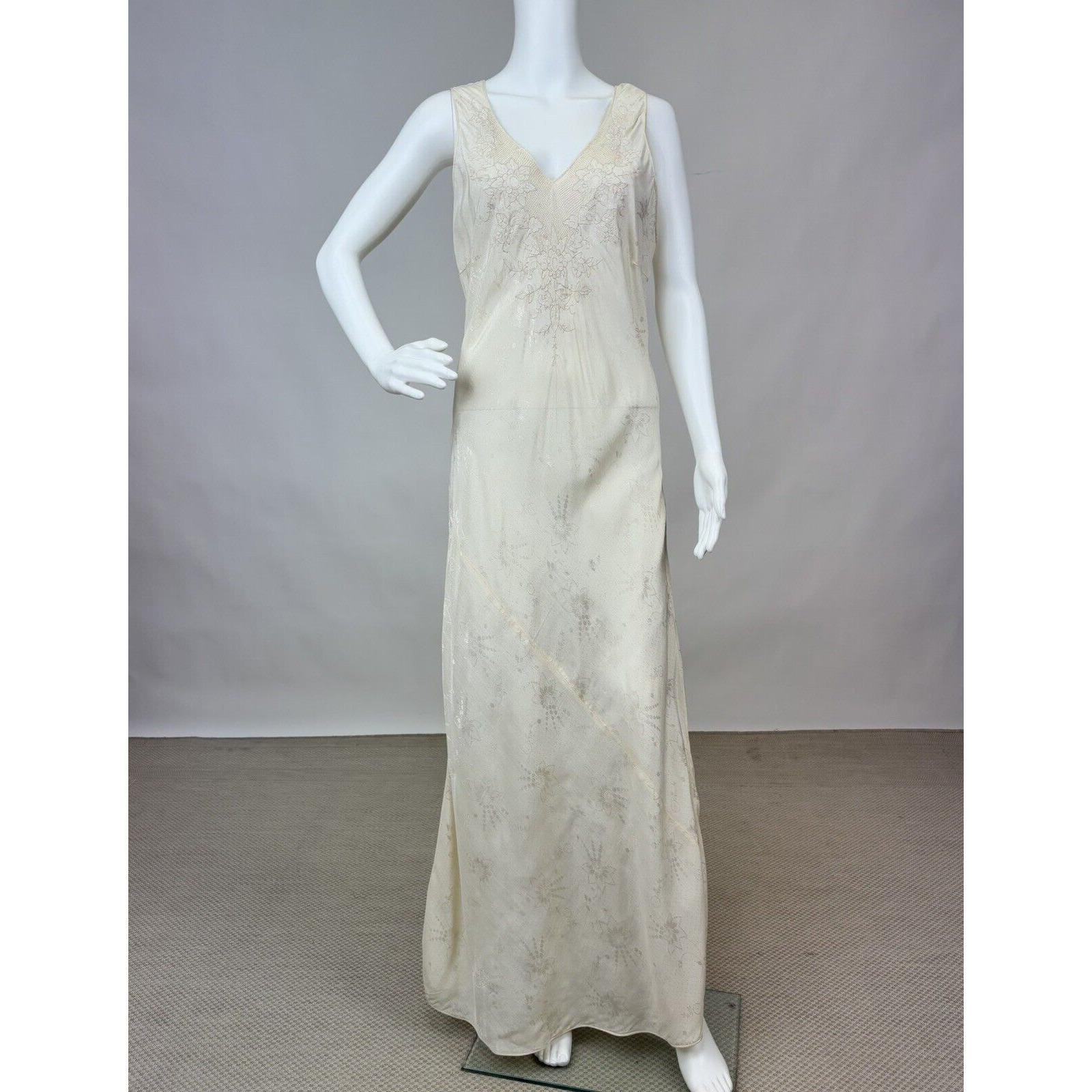 Antique 1930s Jacquard Silk Slip Dress Night gown Full Length Floral Embroidery