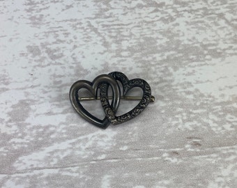 Antique Victorian Lover's Interlocking Wedding Hearts with Repousse in Blackened Sterling Silver 925