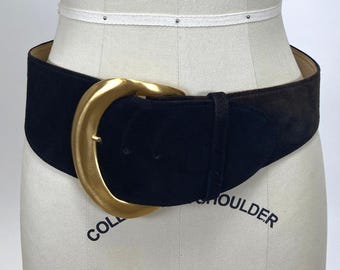 Donna Karan Iconic Vintage Breiter Wildleder Brauner Gürtel mit übergroßer goldfarbener Schnalle