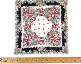 Lenço vintage de algodão com estampa floral dos anos 1940, lenço preto cinza rosa