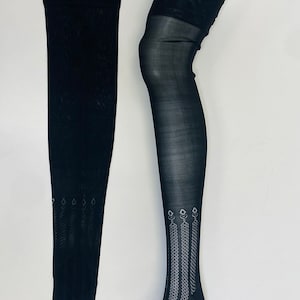 Vintage 1940s Black Nylon Stockings Panty Hose Thigh High Socks with hearts and Geometric Open work Design and Back Seam Fully Fashioned