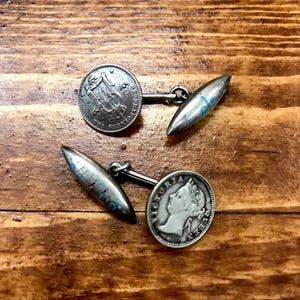 Men&#39;s or Women&#39;s Cuff links made from sterling silver Swedish and Hong Kong coins antique coins from 1884-1890 with turquoise enamel