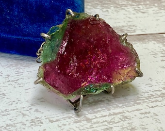 Vintage Watermelon Tourmaline Slab Brooch or Pendant in Sterling Silver Frame